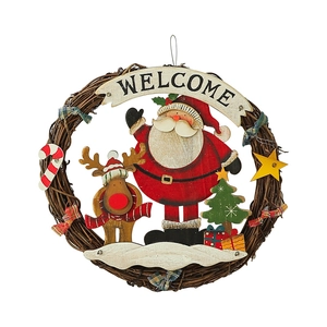 Wooden Christmas Welcome Wreath featuring Santa and reindeer for festive door hanging decor