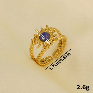 Bague tournesol en acier inoxydable doré 18 carats avec pierre naturelle bleue et anneau ouvert