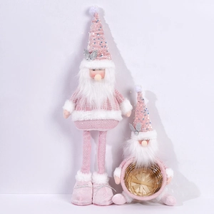 Detail of pink sequin Christmas gnomes with knit fabric and soft white faux fur textures