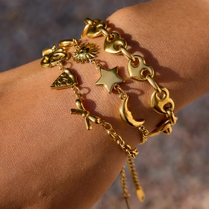 Multi-layer 18K gold plated stainless steel bracelet with star and moon charms