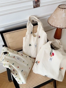 Vintage Canvas Tote Bag Floral Embroidery Large Capacity Casual Shoulder Handbag For Women French Style Aesthetic