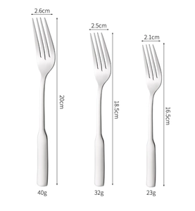 Detailed view of 304 stainless steel forks in three sizes with weight and dimension specs