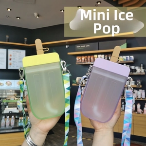 Detail of creative popsicle-shaped water bottles with straps in soft pastel colors