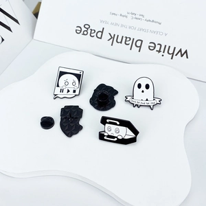 Minimalist black and white ghost enamel pin set with rad slogans and rubber backings