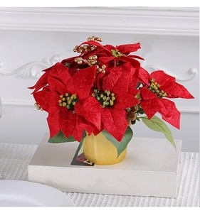 Close-up of red velvet artificial Poinsettia in gold pot for Christmas decor