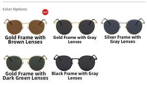 Five vintage round metal sunglasses in gold, silver, and black frames with assorted lenses