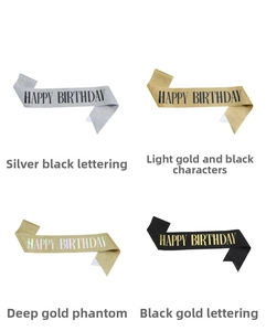 Detail view of glitter birthday sashes in silver, light gold, dark gold, and black colors