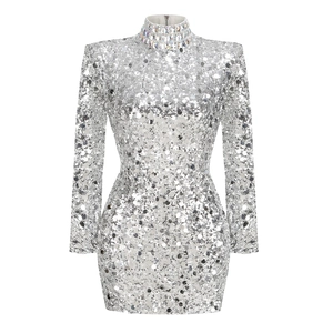 Detailed view of silver sequin dress featuring a high neck collar with colorful rhinestones