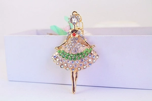 Detailed view of ballet dancer keychain with green and red rhinestones on gold metal