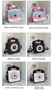 Collage of telephone-shaped crossbody bags in blue-pink gradient, black, and white-black colors