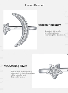 Detailed view of S925 sterling silver moon and star ring with sparkling cubic zirconia