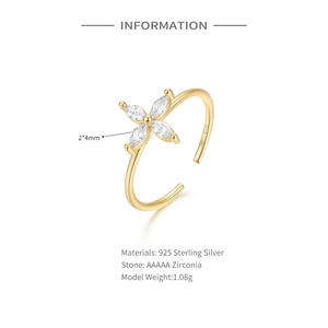 Detail of S925 sterling silver ring featuring marquise-cut zircon flower and S925 hallmark