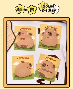Close-up of cute cartoon Capybara sticky notes with creative shapes on a white desk