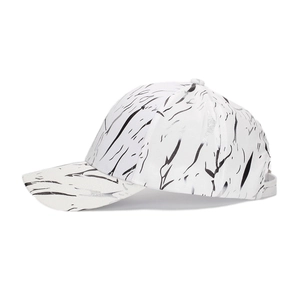 White baseball cap with black abstract marble texture pattern and adjustable back strap