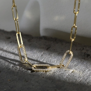 Gold 925 sterling silver chunky link chain necklace with micro-pave diamond accents