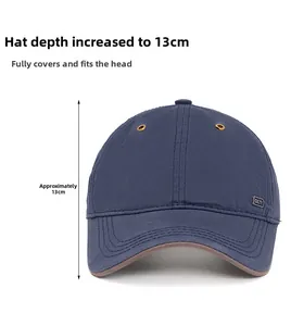 Detail view of navy cotton baseball cap with 13cm depth and side metal logo accent