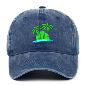 Detailed view of navy blue washed denim baseball cap with tropical palm tree embroidery