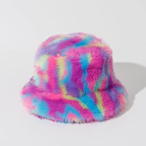 Detailed view of plush faux fur bucket hat featuring vibrant pink and blue tie-dye textures