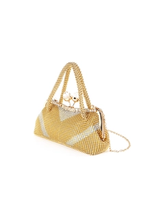 Elegant gold beaded evening clutch bag with crystal clasp and chain strap for women