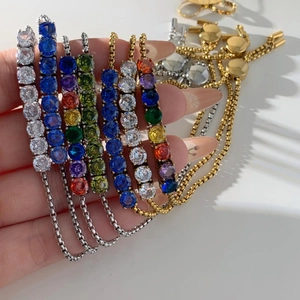 Adjustable tennis bracelets with colorful zircon stones in gold and silver plating