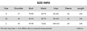 Detailed size chart for solid color long sleeve slim fit dress with French style measurements