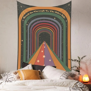 Bohemian rainbow tapestry with retro psychedelic style hanging on bedroom wall background