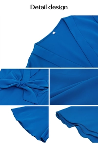 Détails du design avec col en V et nœud élégant sur un tissu de chemisier bleu roi