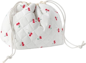 Detail of white quilted drawstring pouch featuring a red cherry print and cotton cords