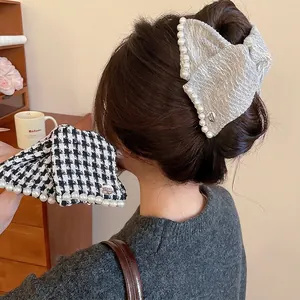 Retro Houndstooth Tweed Fabric Hair Claw Clip Large Bowknot Shark Clip With Faux Artificial Pearl Trim And Metal Badge Elegant Headwear