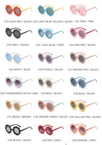 Detailed catalog of sunflower shaped kids sunglasses in 18 various trendy color options