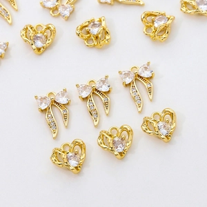 14k gold plated bow and hollow heart pendants with white zircons for DIY jewelry