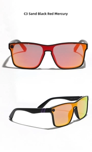 Front and side view of matte black oversized sports sunglasses with red mirrored lenses