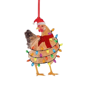 Pendentif coq de Noël amusant avec bonnet rouge, écharpe et lumières colorées