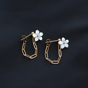 Flower Chain Earrings Natural Shell Mother Of Artificial Pearl 18K Gold Plated 316L Titanium Steel Back Hanging Long Drop Earrings