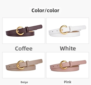Collage of thin PU leather belts in brown, white, beige, and pink with gold C-buckles