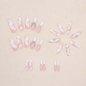 Long ballet press-on nails with snake pattern, floral art and sparkling rhinestones