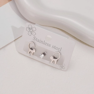 Three-piece stainless steel stud earring set featuring cute long-tail cats and cubic zirconia