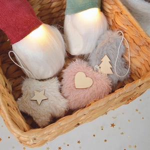 Plush Christmas ornaments set featuring glowing gnome and hearts in a woven basket