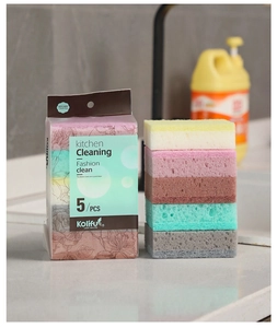 Close-up of 5-piece multi-colored double-sided sponges for kitchen dishwashing and cleaning