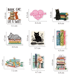 Waterproof reading stickers set with books and cats for laptop and journal decor