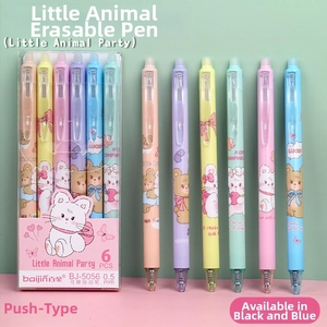 Detail of 0.5mm erasable gel pens set featuring six pastel colors and cute animal graphics