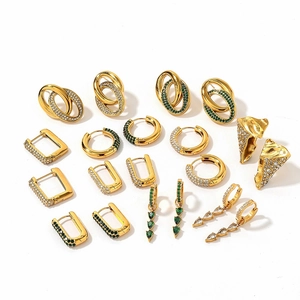 Vintage 18k gold plated geometric earrings collection with green gems and crystals