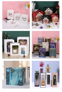 Collage of diverse holiday gift bags with floral, Christmas and Ramadan festive designs
