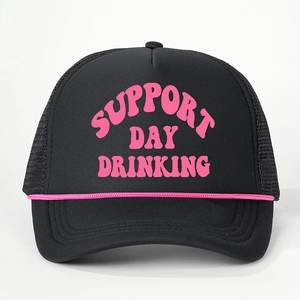 Detail of sponge mesh trucker hat with pink Support Day Drinking slogan and rope