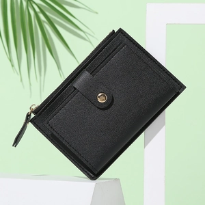 Portafoglio minimalista in pelle nera a grana litchi con cerniera e bottone dorati