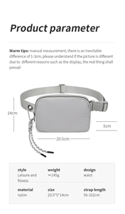 Detailed technical diagram with dimensions and specifications of the gray nylon waist bag