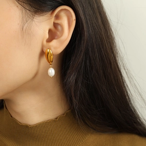 18K gold plated hoop earrings featuring white freshwater pearl drop pendants for women