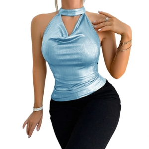 Slim fit halter neck top in shiny metallic blue fabric featuring draped V-neck design