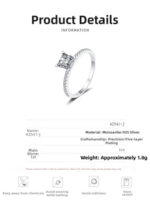 Detail view of 1ct princess cut moissanite ring in S925 silver with specs