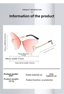 Detailed dimensions of butterfly rimless sunglasses with pink gradient lenses and metal legs